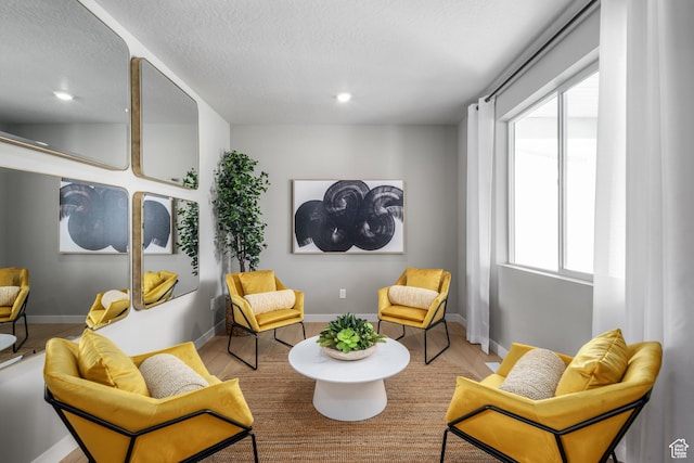 living area featuring a textured ceiling, baseboards, recessed lighting, and wood finished floors