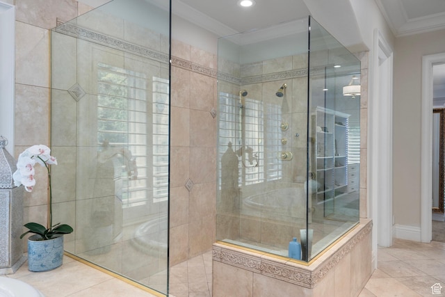 2428 E Field Rose Dr, Holladay, UT 84121 - full bathroom featuring crown molding, recessed lighting, tile patterned floors, and a tile shower