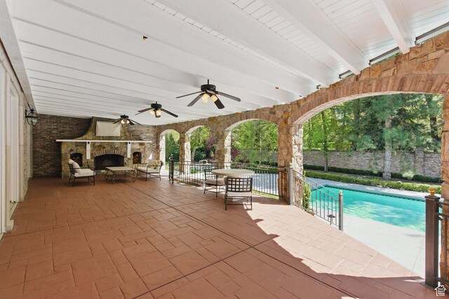 2428 E Field Rose Dr, Holladay, UT 84121 - view of patio / terrace featuring outdoor lounge area, fence, a ceiling fan, and a fenced in pool
