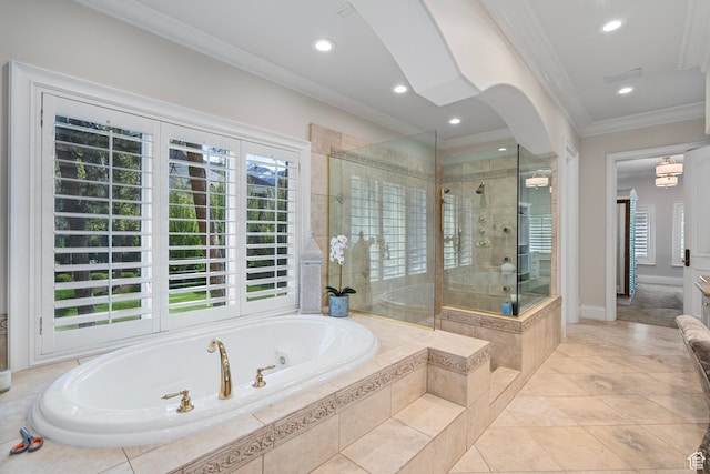 2428 E Field Rose Dr, Holladay, UT 84121 - full bath featuring a stall shower, ornamental molding, recessed lighting, and a bath