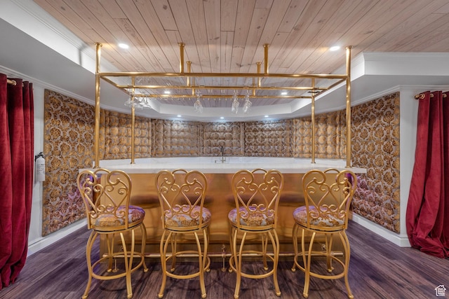 2428 E Field Rose Dr, Holladay, UT 84121 - bar with wooden ceiling, a bar, baseboards, and dark wood-style floors