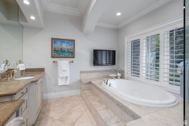 2428 E Field Rose Dr, Holladay, UT 84121 - full bathroom featuring vanity, ornamental molding, tile patterned flooring, baseboards, and a bath
