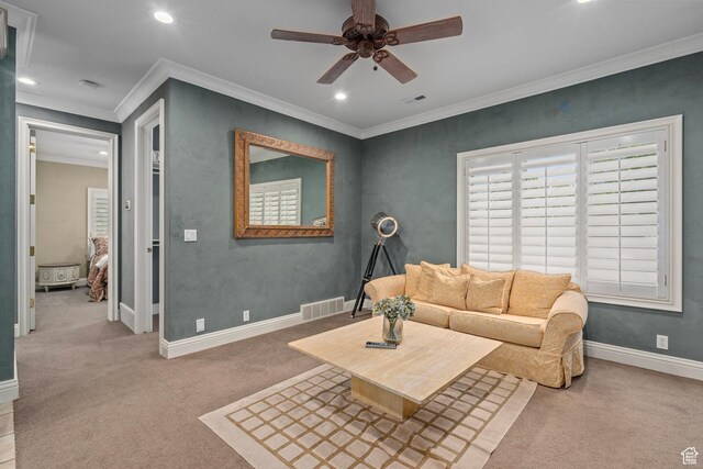 2428 E Field Rose Dr, Holladay, UT 84121 - carpeted living room featuring ceiling fan, ornamental molding, visible vents, and recessed lighting