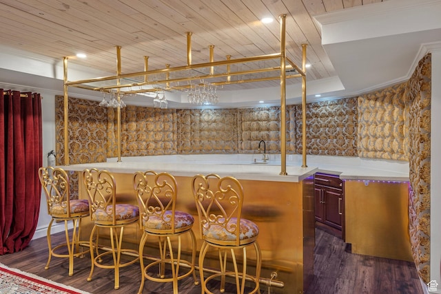 2428 E Field Rose Dr, Holladay, UT 84121 - bar featuring wet bar, a sink, wooden ceiling, and dark wood-style floors