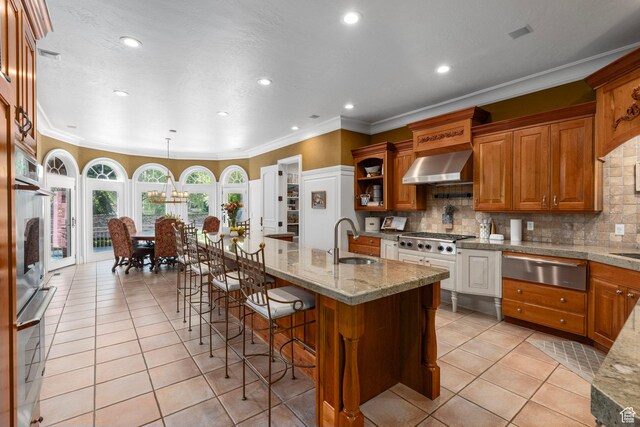 2428 E Field Rose Dr, Holladay, UT 84121 - kitchen with a sink, ornamental molding, a warming drawer, and light tile patterned floors
