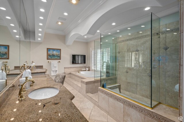 2428 E Field Rose Dr, Holladay, UT 84121 - full bathroom with a sink, ornamental molding, tile patterned floors, a garden tub, and tiled shower