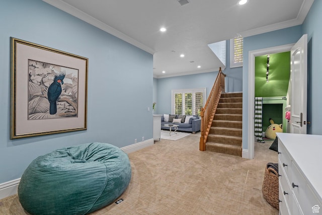 2428 E Field Rose Dr, Holladay, UT 84121 - sitting room with light colored carpet, stairway, and ornamental molding