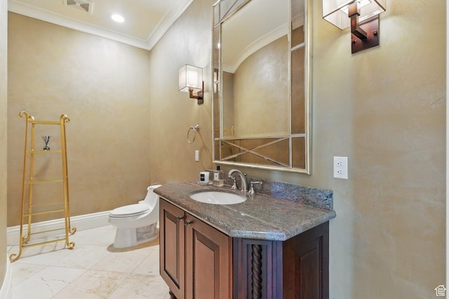 2428 E Field Rose Dr, Holladay, UT 84121 - bathroom with toilet, marble finish floor, vanity, ornamental molding, and visible vents