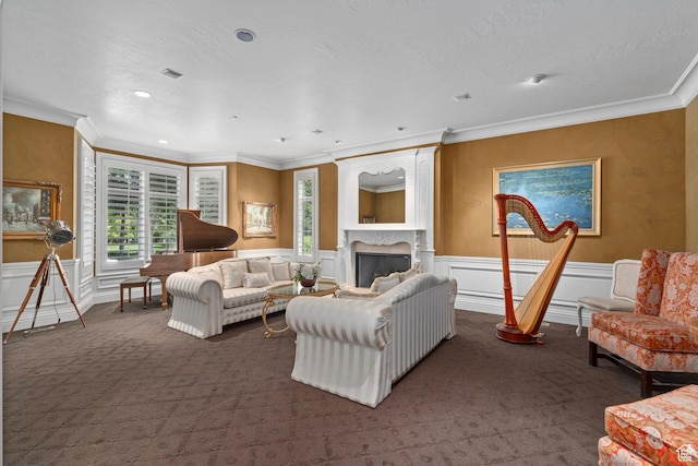 2428 E Field Rose Dr, Holladay, UT 84121 - living room featuring a decorative wall, a wainscoted wall, dark colored carpet, and a fireplace