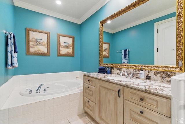 2428 E Field Rose Dr, Holladay, UT 84121 - full bath with recessed lighting, ornamental molding, tile patterned flooring, a garden tub, and vanity