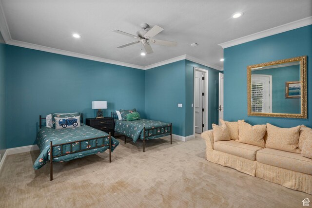 2428 E Field Rose Dr, Holladay, UT 84121 - carpeted bedroom featuring baseboards, ceiling fan, ornamental molding, and recessed lighting