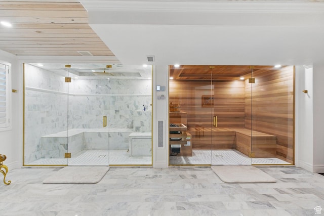 2428 E Field Rose Dr, Holladay, UT 84121 - bathroom with recessed lighting, marble finish floor, visible vents, a shower stall, and wood walls
