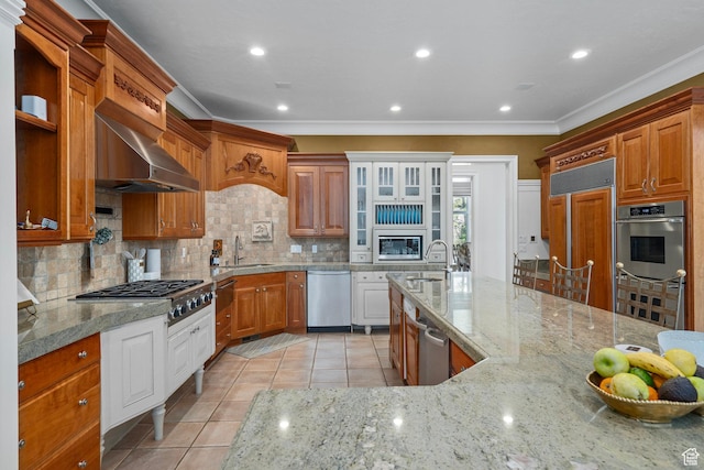2428 E Field Rose Dr, Holladay, UT 84121 - kitchen with built in appliances, light tile patterned floors, ornamental molding, a sink, and backsplash