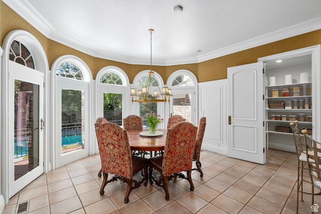 2428 E Field Rose Dr, Holladay, UT 84121 - dining room featuring an inviting chandelier, light tile patterned floors, visible vents, and ornamental molding