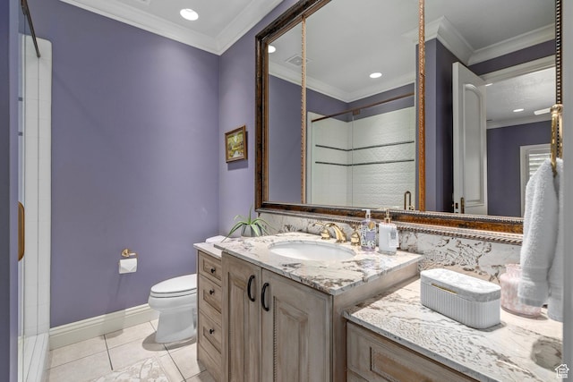 2428 E Field Rose Dr, Holladay, UT 84121 - bathroom with toilet, a tile shower, tile patterned floors, vanity, and ornamental molding