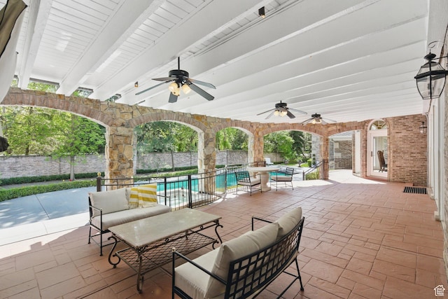 2428 E Field Rose Dr, Holladay, UT 84121 - view of patio / terrace with a ceiling fan, an outdoor living space, and an outdoor pool