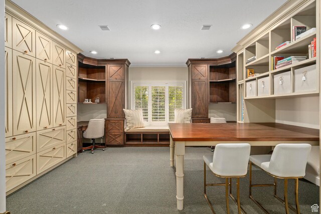 2428 E Field Rose Dr, Holladay, UT 84121 - office area with built in desk, crown molding, carpet floors, and recessed lighting