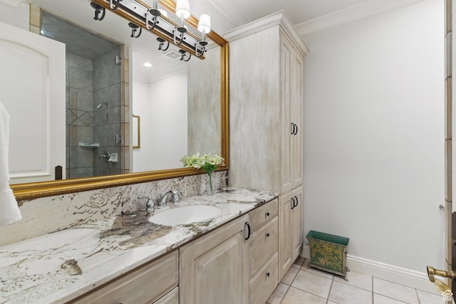 2428 E Field Rose Dr, Holladay, UT 84121 - bathroom featuring a stall shower, tile patterned flooring, ornamental molding, and baseboards