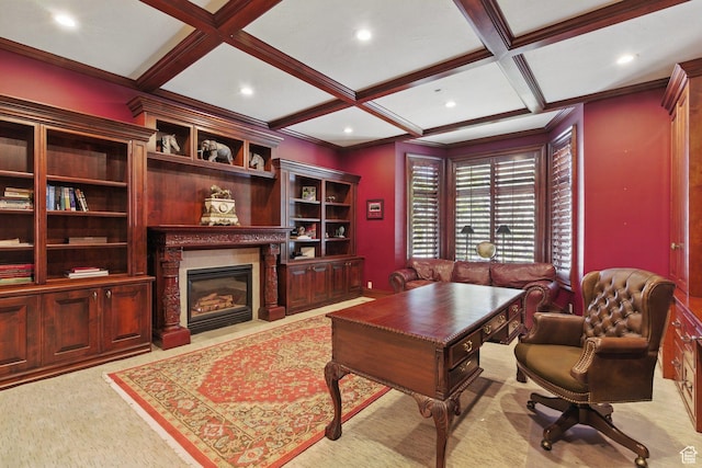 2428 E Field Rose Dr, Holladay, UT 84121 - home office with coffered ceiling, light carpet, beamed ceiling, and a fireplace with flush hearth