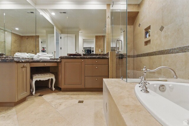 2428 E Field Rose Dr, Holladay, UT 84121 - full bath featuring a stall shower, visible vents, a bath, vanity, and crown molding