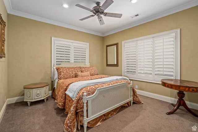 2428 E Field Rose Dr, Holladay, UT 84121 - carpeted bedroom featuring a ceiling fan, crown molding, visible vents, baseboards, and recessed lighting
