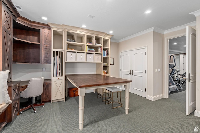 2428 E Field Rose Dr, Holladay, UT 84121 - office featuring ornamental molding, dark colored carpet, and recessed lighting