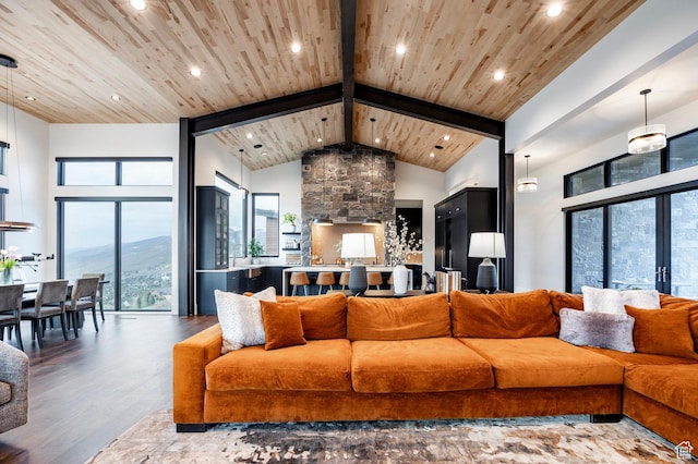 living room with wood ceiling, wood finished floors, beam ceiling, high vaulted ceiling, and recessed lighting