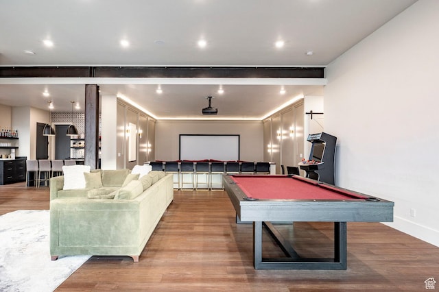 game room with wood finished floors, billiards, and baseboards