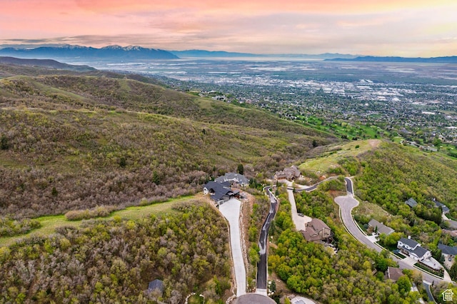 aerial view at dusk with a mountain view