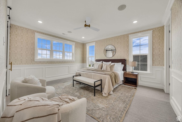 1358 S 1220 E, Salem, UT 84653 - carpeted bedroom featuring crown molding, wallpapered walls, a wainscoted wall, a decorative wall, and ceiling fan