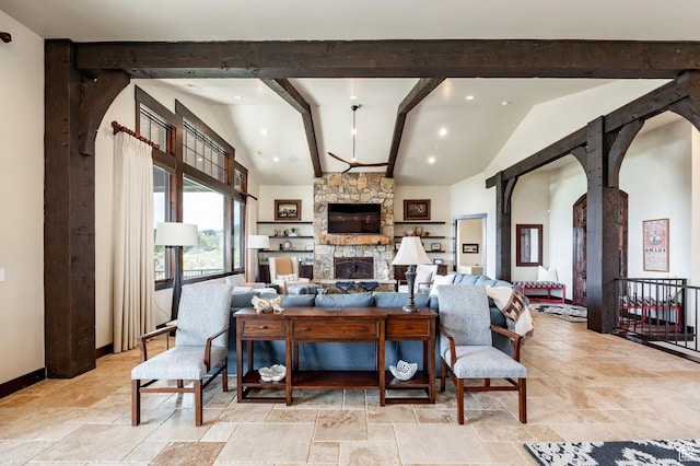 787 N Red Ledges Blvd, Heber City, UT 84032 - living area with stone tile flooring, baseboards, a stone fireplace, beamed ceiling, and arched walkways