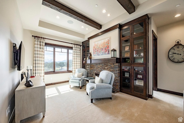 787 N Red Ledges Blvd, Heber City, UT 84032 - living area featuring light colored carpet, baseboards, and beam ceiling