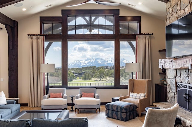787 N Red Ledges Blvd, Heber City, UT 84032 - living room featuring visible vents, a fireplace, and lofted ceiling