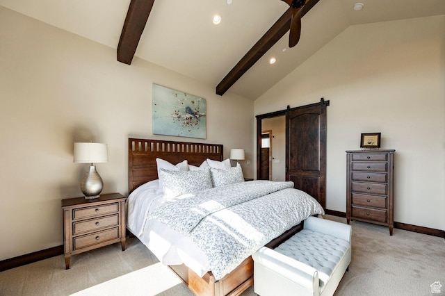 787 N Red Ledges Blvd, Heber City, UT 84032 - bedroom featuring light carpet, lofted ceiling with beams, a barn door, and baseboards