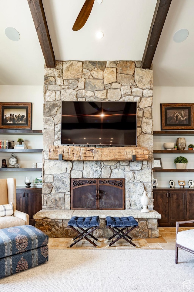 787 N Red Ledges Blvd, Heber City, UT 84032 - living area featuring beamed ceiling, a stone fireplace, and a ceiling fan