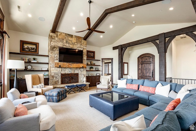 787 N Red Ledges Blvd, Heber City, UT 84032 - living area featuring a stone fireplace, ceiling fan, visible vents, arched walkways, and beam ceiling