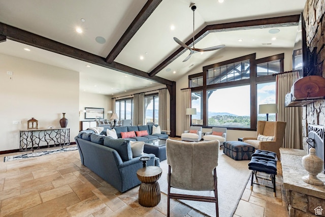 787 N Red Ledges Blvd, Heber City, UT 84032 - living area featuring a ceiling fan, beam ceiling, stone tile floors, baseboards, and recessed lighting
