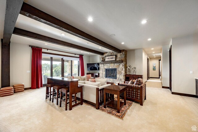 787 N Red Ledges Blvd, Heber City, UT 84032 - living area featuring baseboards, a stone fireplace, light carpet, and recessed lighting