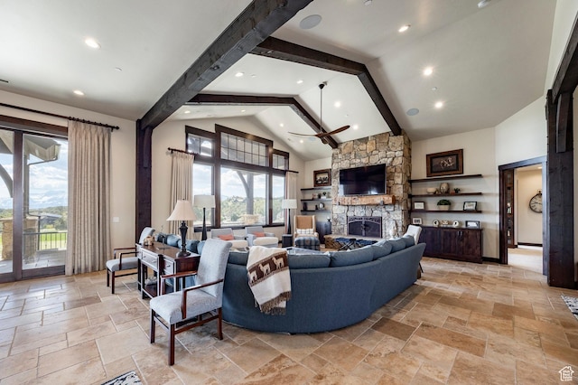 787 N Red Ledges Blvd, Heber City, UT 84032 - living room with beamed ceiling, stone tile floors, a stone fireplace, and high vaulted ceiling