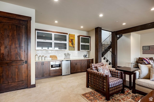 787 N Red Ledges Blvd, Heber City, UT 84032 - bar with tasteful backsplash, light colored carpet, refrigerator, recessed lighting, and stairway