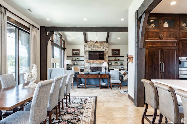 787 N Red Ledges Blvd, Heber City, UT 84032 - dining room with recessed lighting, stone tile flooring, baseboards, visible vents, and vaulted ceiling with beams
