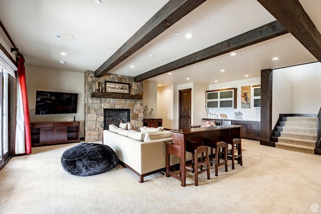 787 N Red Ledges Blvd, Heber City, UT 84032 - living area featuring stairs, beam ceiling, recessed lighting, light carpet, and a stone fireplace