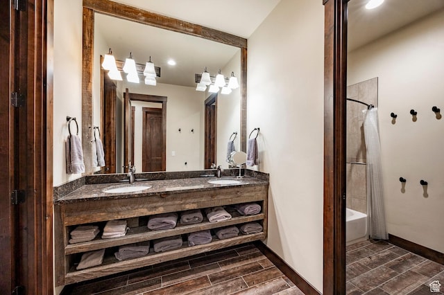787 N Red Ledges Blvd, Heber City, UT 84032 - bathroom featuring shower / tub combo with curtain, double vanity, a sink, and wood finished floors