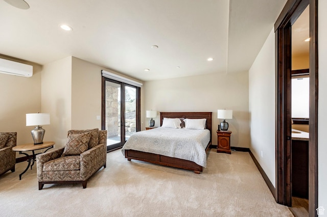 787 N Red Ledges Blvd, Heber City, UT 84032 - bedroom featuring a wall mounted air conditioner, light colored carpet, baseboards, recessed lighting, and access to outside