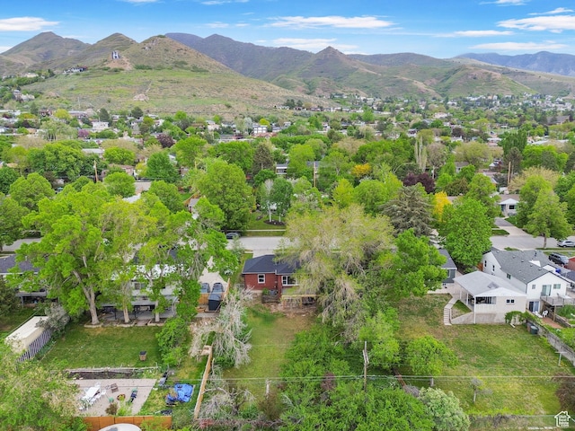aerial view featuring a mountain view and a residential view