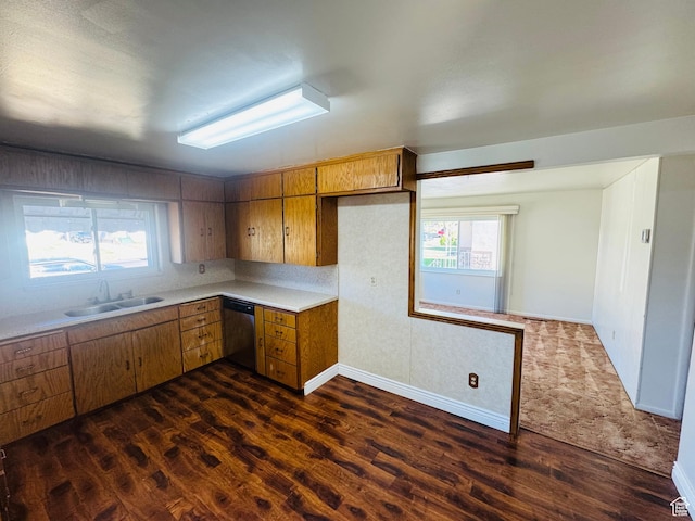 kitchen featuring a sink, dishwasher, dark wood-style flooring, light countertops, and plenty of natural light