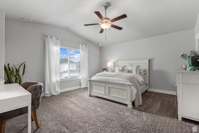 4455 W Glendon Dr, Lehi, UT 84043 - carpeted bedroom featuring a ceiling fan, visible vents, baseboards, and lofted ceiling