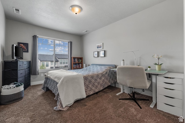 4455 W Glendon Dr, Lehi, UT 84043 - bedroom with a textured ceiling, visible vents, baseboards, and dark colored carpet
