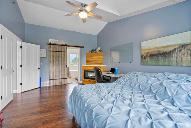 3470 W Maynard Ct, Riverton, UT 84065 - bedroom featuring lofted ceiling, a barn door, visible vents, and wood finished floors