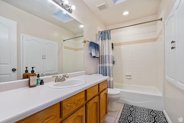 3470 W Maynard Ct, Riverton, UT 84065 - bathroom with shower / bath combination with curtain, toilet, visible vents, tile patterned flooring, and vanity